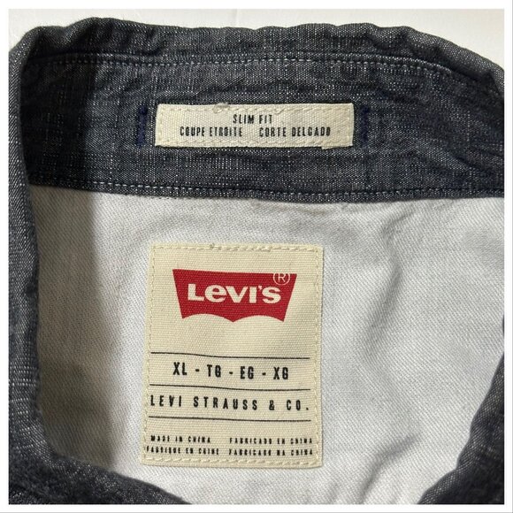 Levi’s Men’s Button Down Shirt XL Black Gray Chambray Long Sleeve Slim Fit Cotto - Picture 3 of 13